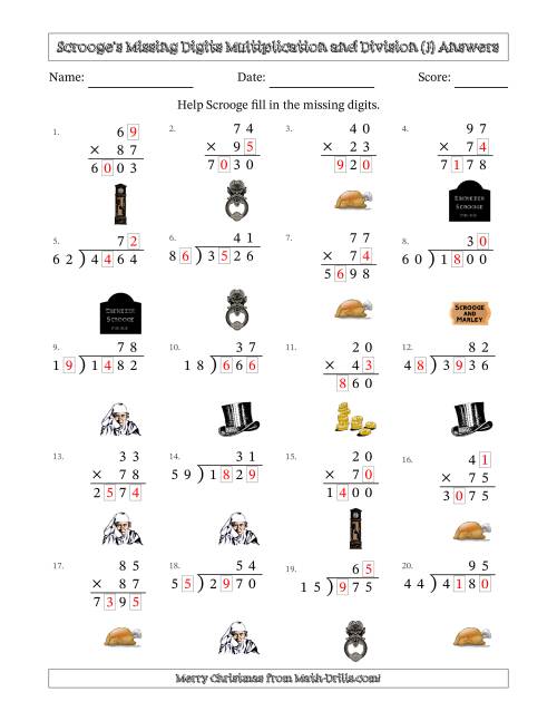 The Ebenezer Scrooge's Missing Digits Multiplication and Division (Harder Version) (J) Math Worksheet Page 2