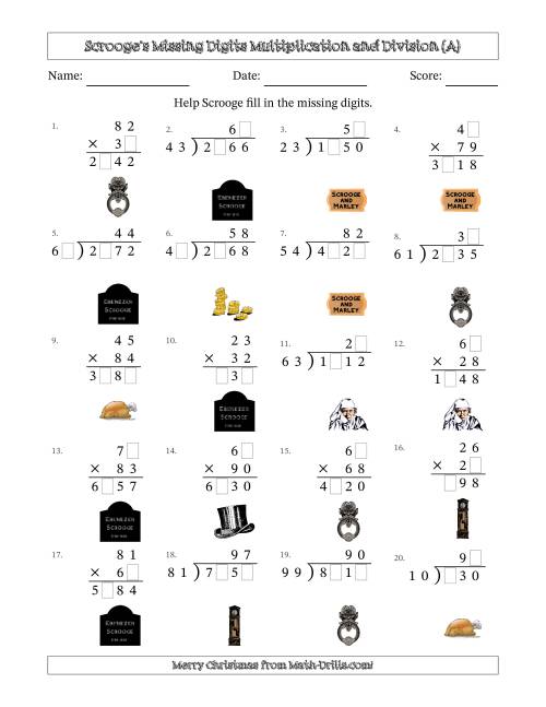 The Ebenezer Scrooge's Missing Digits Multiplication and Division (Harder Version) (All) Math Worksheet