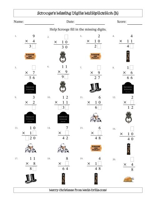 The Ebenezer Scrooge's Missing Digits Multiplication (Easier Version) (B) Math Worksheet