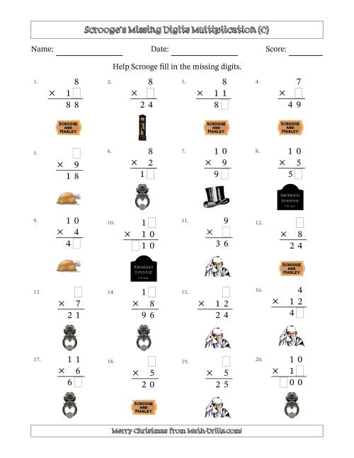 The Ebenezer Scrooge's Missing Digits Multiplication (Easier Version) (C) Math Worksheet