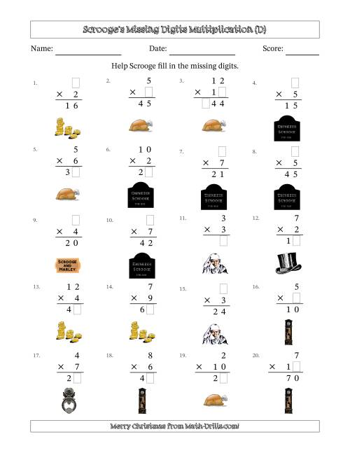 The Ebenezer Scrooge's Missing Digits Multiplication (Easier Version) (D) Math Worksheet