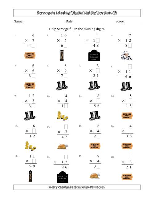 The Ebenezer Scrooge's Missing Digits Multiplication (Easier Version) (F) Math Worksheet