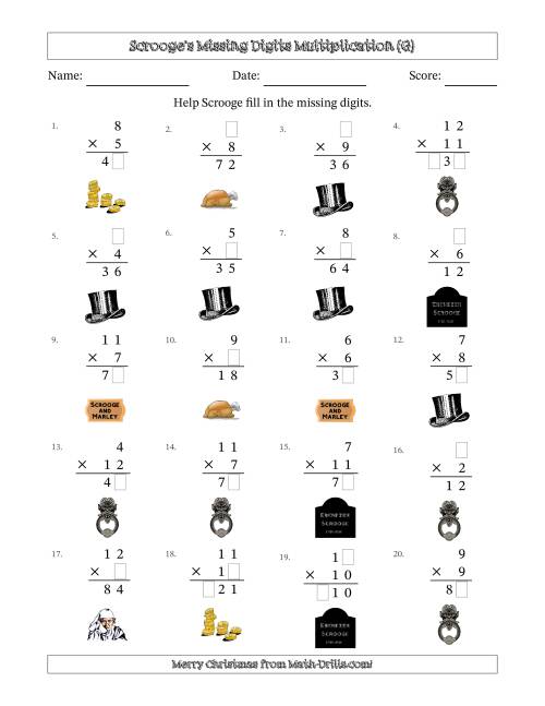 The Ebenezer Scrooge's Missing Digits Multiplication (Easier Version) (G) Math Worksheet