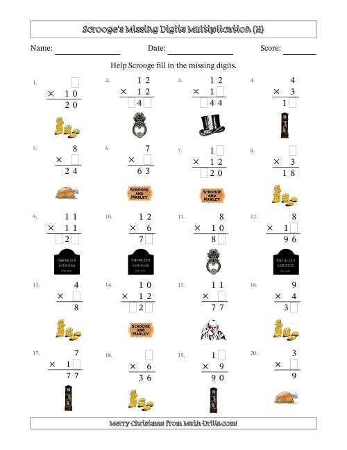 The Ebenezer Scrooge's Missing Digits Multiplication (Easier Version) (H) Math Worksheet