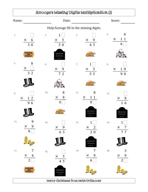 The Ebenezer Scrooge's Missing Digits Multiplication (Easier Version) (I) Math Worksheet