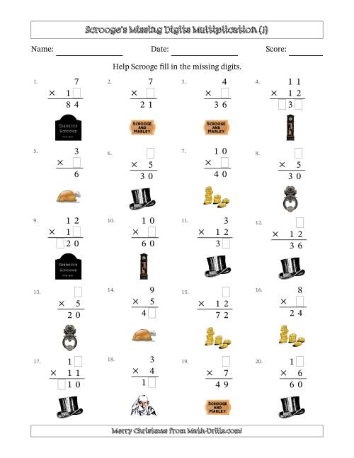 The Ebenezer Scrooge's Missing Digits Multiplication (Easier Version) (J) Math Worksheet