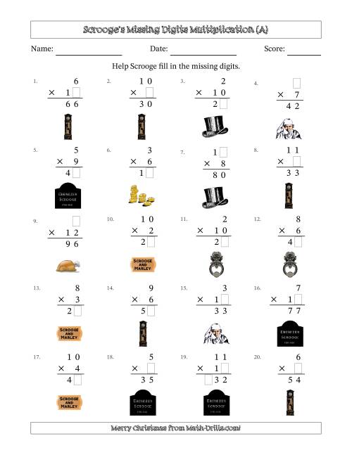 The Ebenezer Scrooge's Missing Digits Multiplication (Easier Version) (All) Math Worksheet