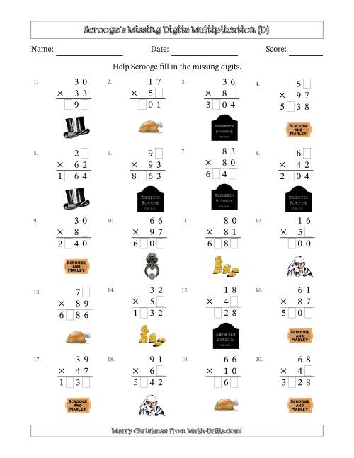 The Ebenezer Scrooge's Missing Digits Multiplication (Harder Version) (D) Math Worksheet