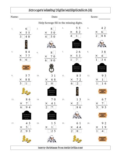 The Ebenezer Scrooge's Missing Digits Multiplication (Harder Version) (G) Math Worksheet