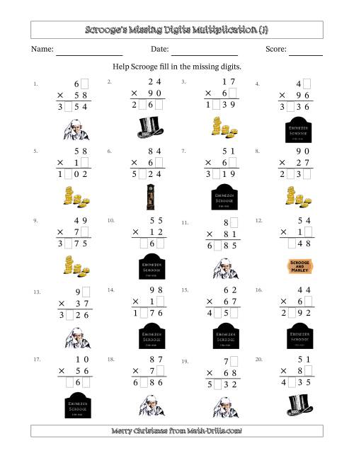 The Ebenezer Scrooge's Missing Digits Multiplication (Harder Version) (J) Math Worksheet