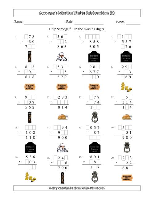 The Ebenezer Scrooge's Missing Digits Subtraction (Easier Version) (B) Math Worksheet