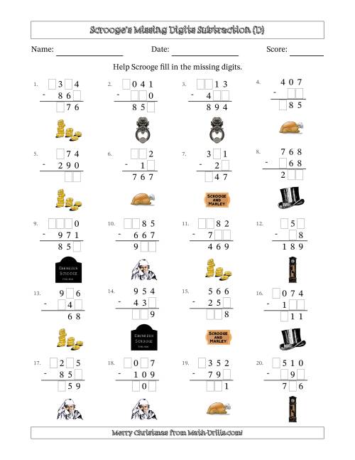 The Ebenezer Scrooge's Missing Digits Subtraction (Easier Version) (D) Math Worksheet