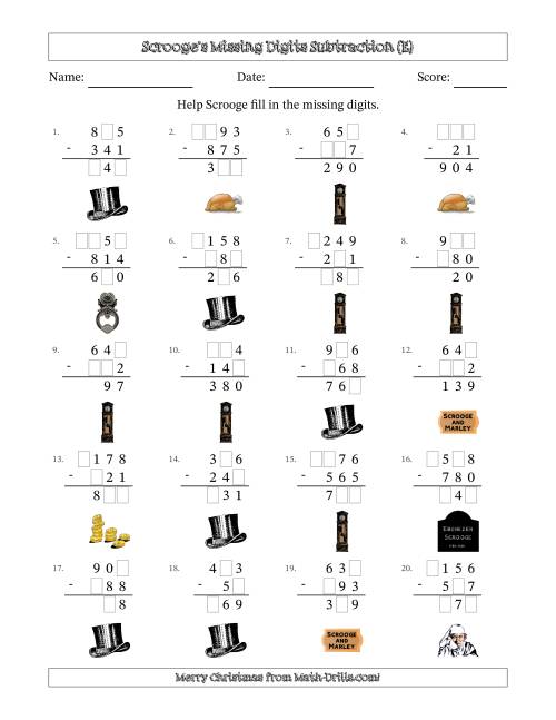 The Ebenezer Scrooge's Missing Digits Subtraction (Easier Version) (E) Math Worksheet