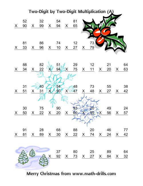  Multiplication Two Digit By Two Digit Vertical 49 Per Page A Christmas Math Worksheet