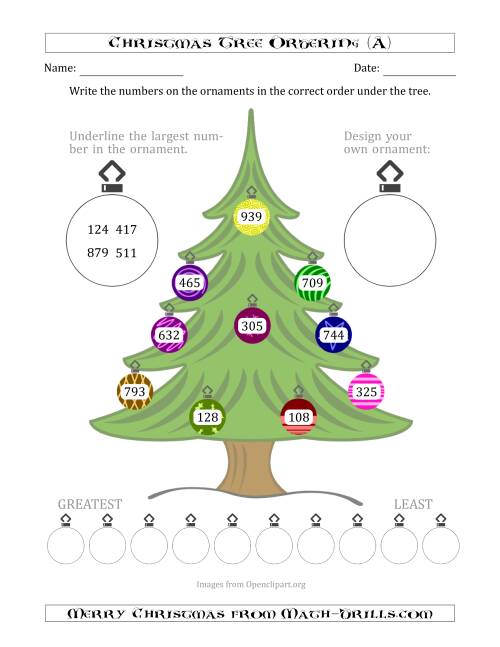 The Ordering/Sorting Numbers 100 to 999 on a Christmas Tree (A) Math Worksheet