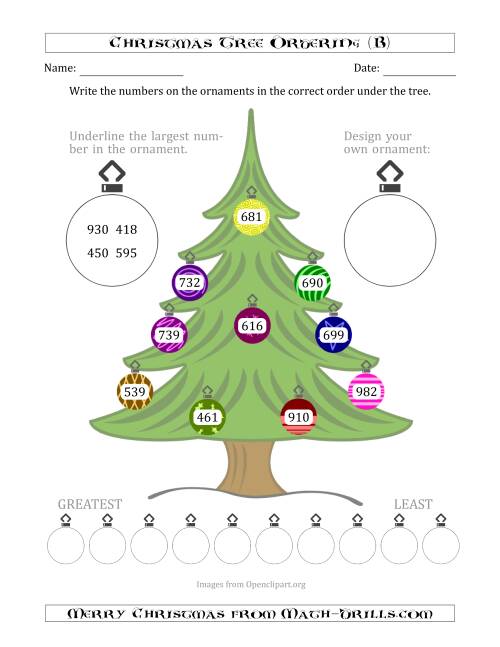 The Ordering/Sorting Numbers 100 to 999 on a Christmas Tree (B) Math Worksheet