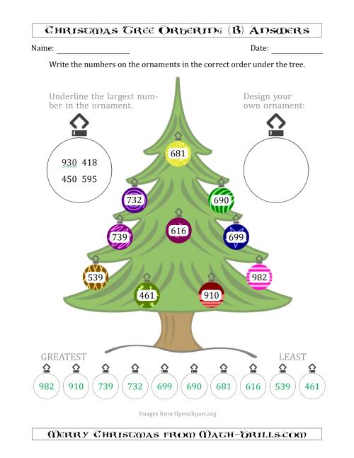 The Ordering/Sorting Numbers 100 to 999 on a Christmas Tree (B) Math Worksheet Page 2