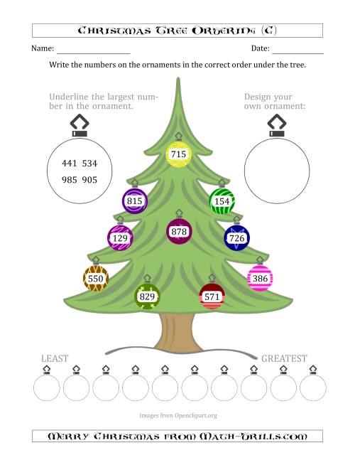 The Ordering/Sorting Numbers 100 to 999 on a Christmas Tree (C) Math Worksheet