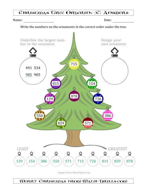 The Ordering/Sorting Numbers 100 to 999 on a Christmas Tree (C) Math Worksheet Page 2