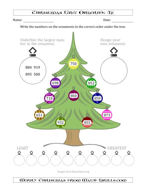 The Ordering/Sorting Numbers 100 to 999 on a Christmas Tree (D) Math Worksheet