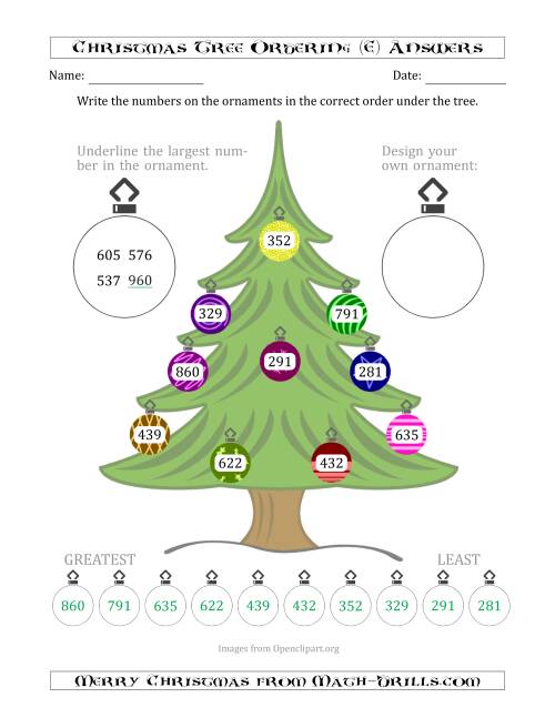 The Ordering/Sorting Numbers 100 to 999 on a Christmas Tree (E) Math Worksheet Page 2