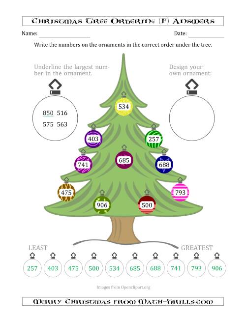 The Ordering/Sorting Numbers 100 to 999 on a Christmas Tree (F) Math Worksheet Page 2