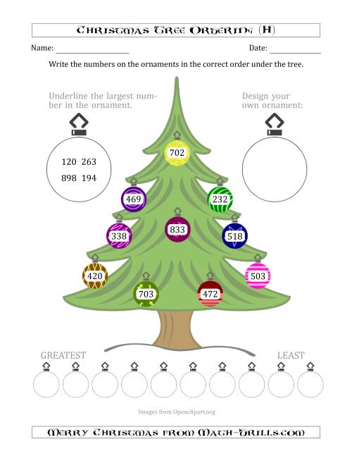 The Ordering/Sorting Numbers 100 to 999 on a Christmas Tree (H) Math Worksheet