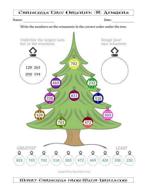 The Ordering/Sorting Numbers 100 to 999 on a Christmas Tree (H) Math Worksheet Page 2