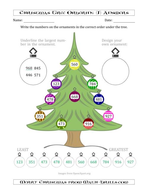 The Ordering/Sorting Numbers 100 to 999 on a Christmas Tree (I) Math Worksheet Page 2