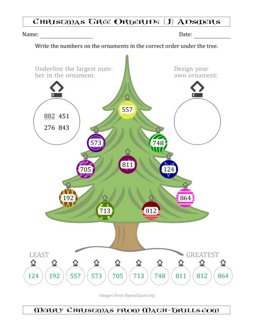 The Ordering/Sorting Numbers 100 to 999 on a Christmas Tree (J) Math Worksheet Page 2