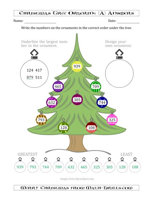 The Ordering/Sorting Numbers 100 to 999 on a Christmas Tree (All) Math Worksheet Page 2