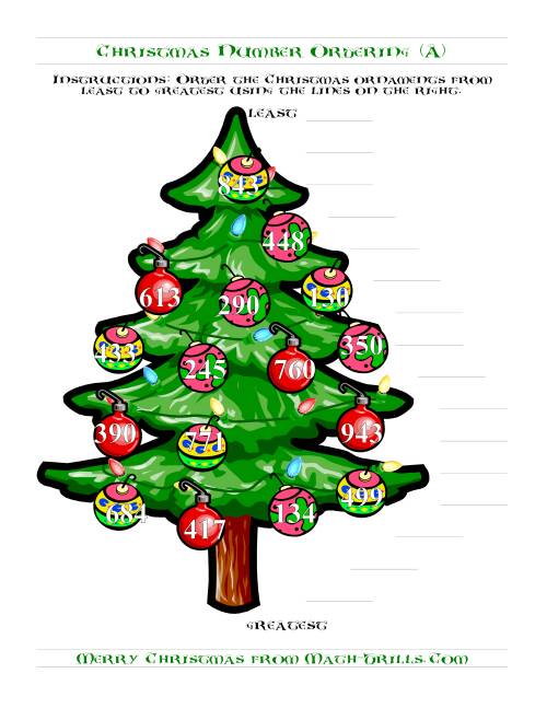 The Ordering Numbers to 1000 on a Christmas Tree (Old) Math Worksheet