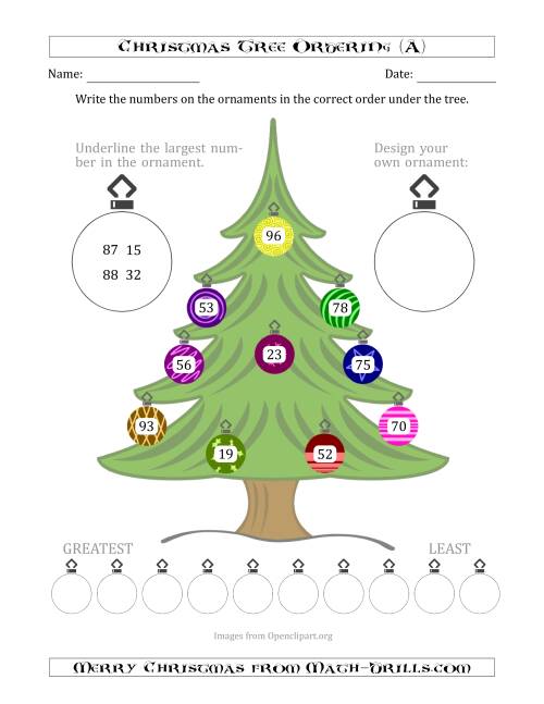 The Ordering/Sorting Numbers 10 to 99 on a Christmas Tree (A) Math Worksheet