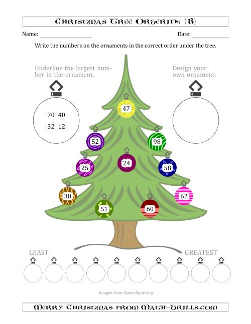 The Ordering/Sorting Numbers 10 to 99 on a Christmas Tree (B) Math Worksheet