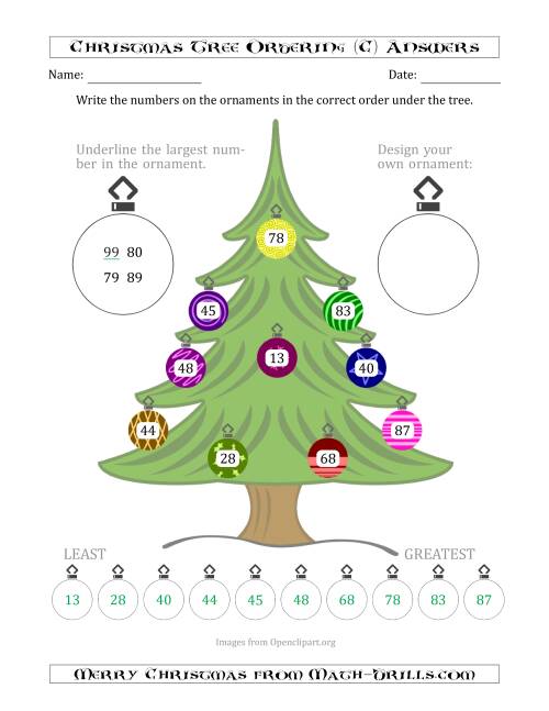 The Ordering/Sorting Numbers 10 to 99 on a Christmas Tree (C) Math Worksheet Page 2