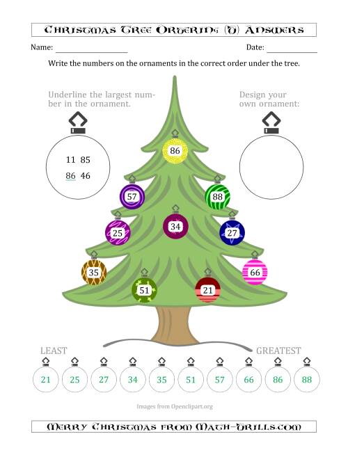 The Ordering/Sorting Numbers 10 to 99 on a Christmas Tree (D) Math Worksheet Page 2