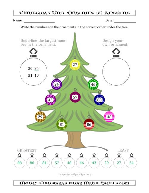 The Ordering/Sorting Numbers 10 to 99 on a Christmas Tree (E) Math Worksheet Page 2