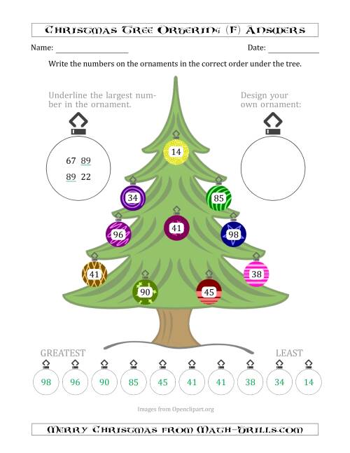 The Ordering/Sorting Numbers 10 to 99 on a Christmas Tree (F) Math Worksheet Page 2