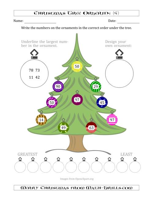 The Ordering/Sorting Numbers 10 to 99 on a Christmas Tree (G) Math Worksheet