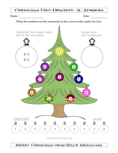 The Ordering/Sorting Numbers 0 to 10 on a Christmas Tree (A) Math Worksheet Page 2