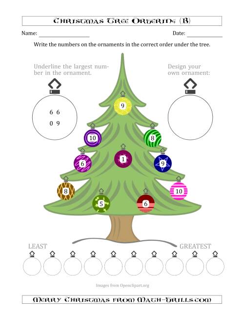 The Ordering/Sorting Numbers 0 to 10 on a Christmas Tree (B) Math Worksheet