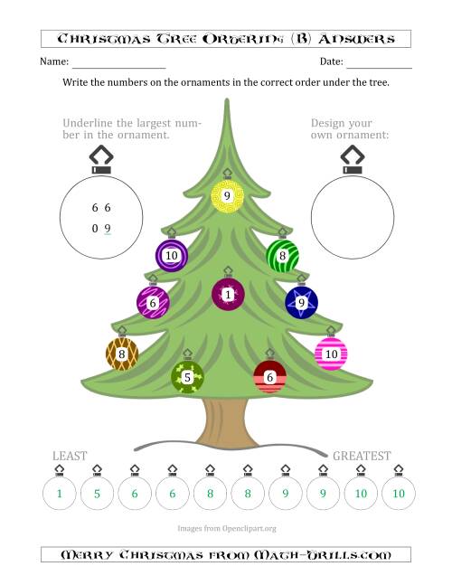 The Ordering/Sorting Numbers 0 to 10 on a Christmas Tree (B) Math Worksheet Page 2