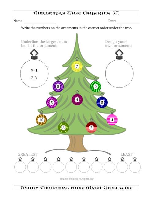 The Ordering/Sorting Numbers 0 to 10 on a Christmas Tree (C) Math Worksheet