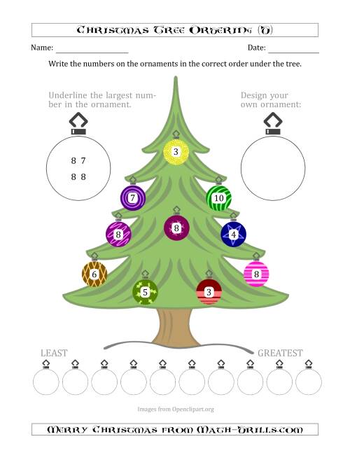 The Ordering/Sorting Numbers 0 to 10 on a Christmas Tree (D) Math Worksheet