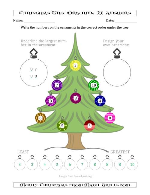 The Ordering/Sorting Numbers 0 to 10 on a Christmas Tree (D) Math Worksheet Page 2