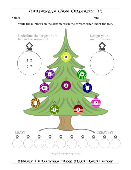 The Ordering/Sorting Numbers 0 to 10 on a Christmas Tree (F) Math Worksheet