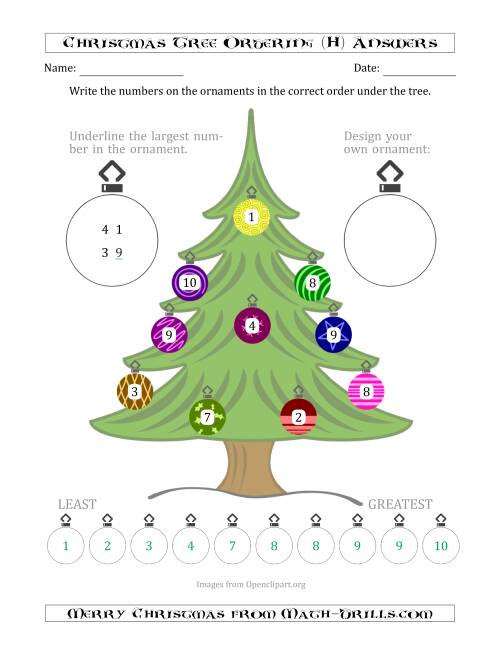 The Ordering/Sorting Numbers 0 to 10 on a Christmas Tree (H) Math Worksheet Page 2
