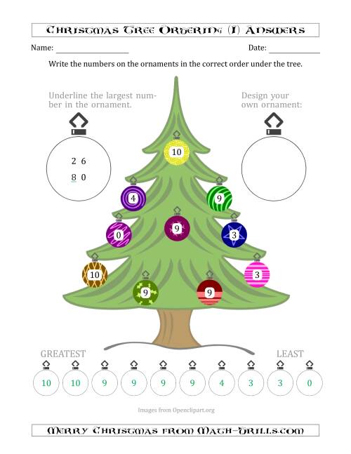 The Ordering/Sorting Numbers 0 to 10 on a Christmas Tree (I) Math Worksheet Page 2