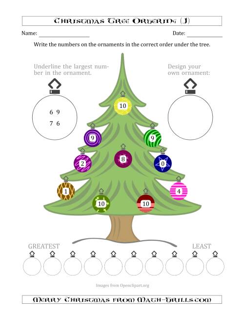 The Ordering/Sorting Numbers 0 to 10 on a Christmas Tree (J) Math Worksheet