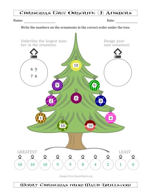The Ordering/Sorting Numbers 0 to 10 on a Christmas Tree (J) Math Worksheet Page 2